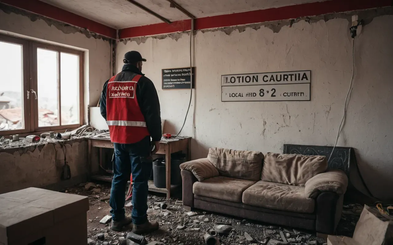 A modern living room with a half-demolished wall revealing white electrical wiring and red plumbing pipes. A person in work clothes stands nearby holding a clipboard and looking concerned at the exposed infrastructure.