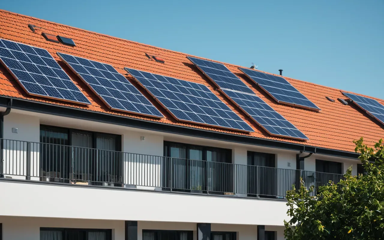 A modern residential building facade with solar panels and aerothermal units installed on the roof under a clear blue sky. Clean architectural lines and green vegetation in the foreground.