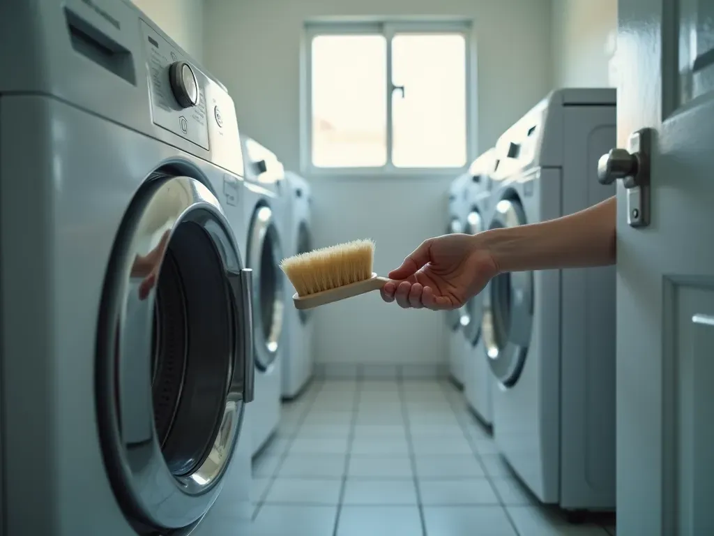A person cleaning the filter of a washing machine with a soft brush in a well lit laundry room with white tiles and natural light from a small window.