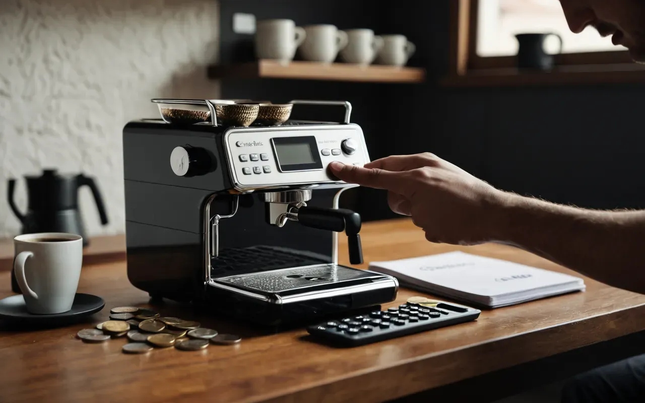 A person holding a small kitchen coffee machine in their hands while looking at a calculator and some coins on a wooden desk.