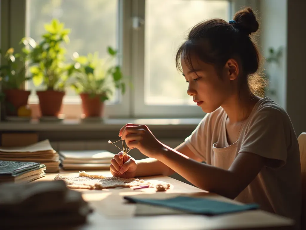 A person sitting at a bright desk in the afternoon light, holding a small piece of fabric and a needle. Their posture is relaxed but focused on the task.
