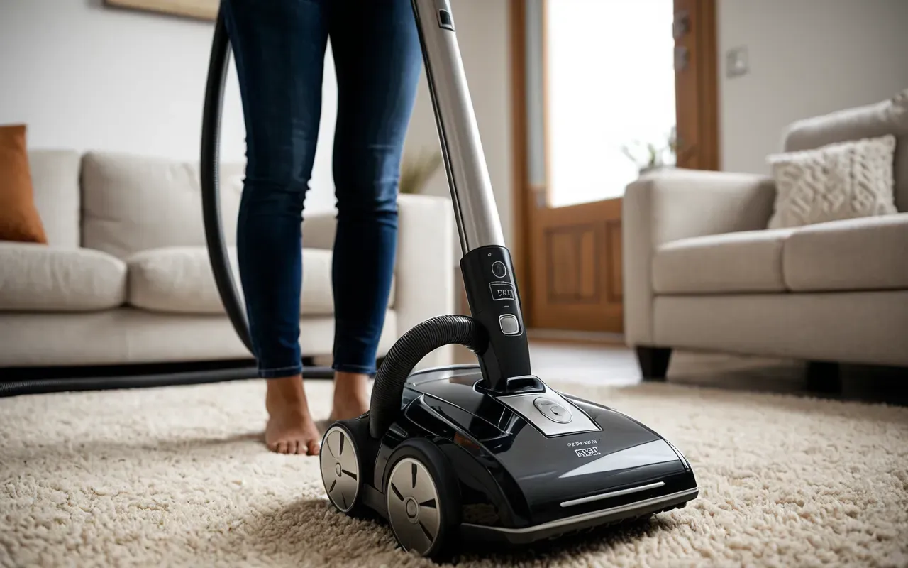 A person using a soft brush to clean the inside of a modern vacuum cleaner filter while standing in a tidy living room.