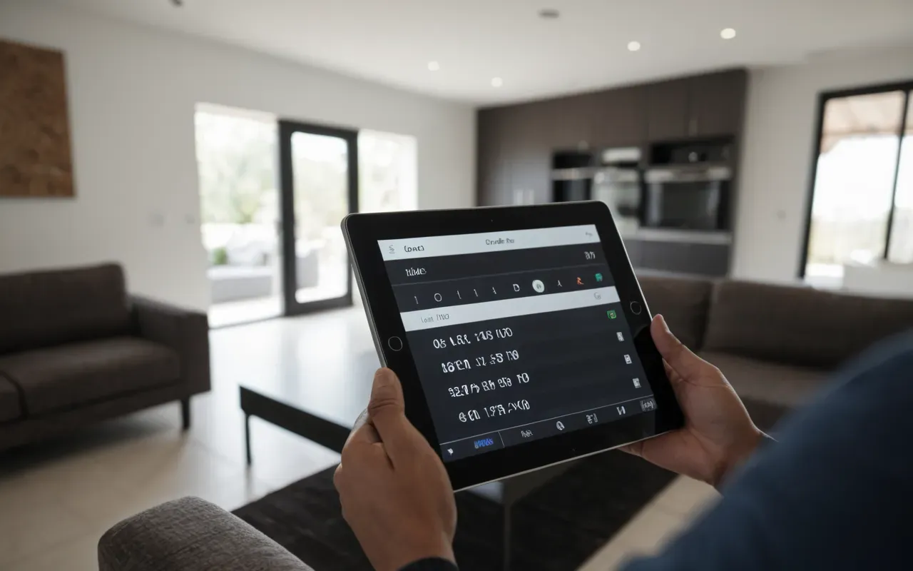 A person using a tablet to schedule maintenance for their home systems in a modern living room. Natural light and organized space.