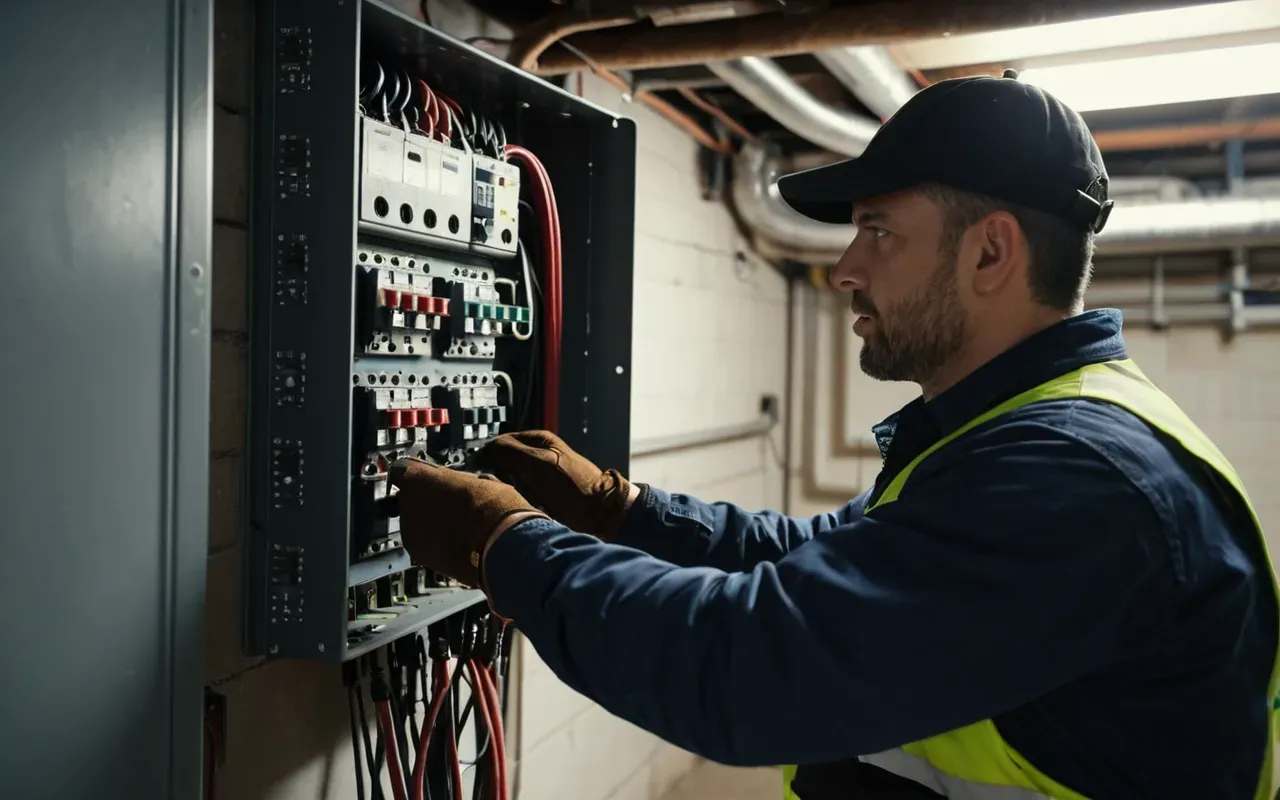A person wearing work gloves and a tool belt inspecting an electrical panel in a basement. The lighting is bright and focused on the circuit breakers. The scene conveys caution, technical skill, and proactive maintenance of home infrastructure.