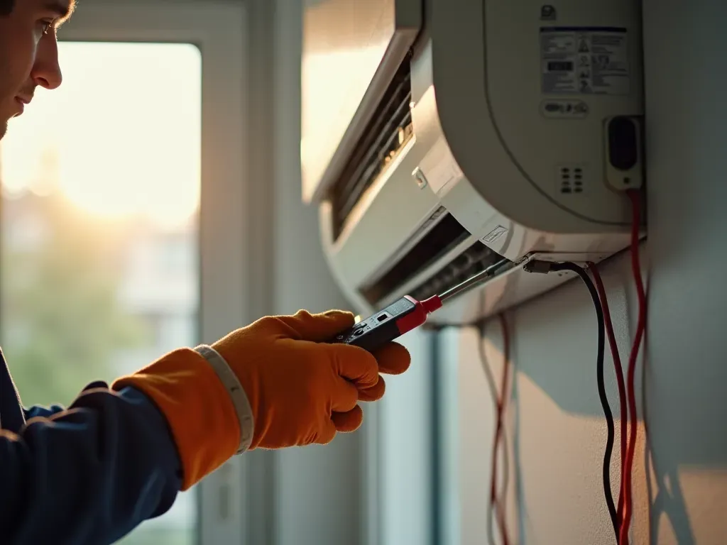A person wearing work gloves holding a multimeter and inspecting the wiring of an air conditioning unit mounted on a wall in a modern living room with soft daylight.