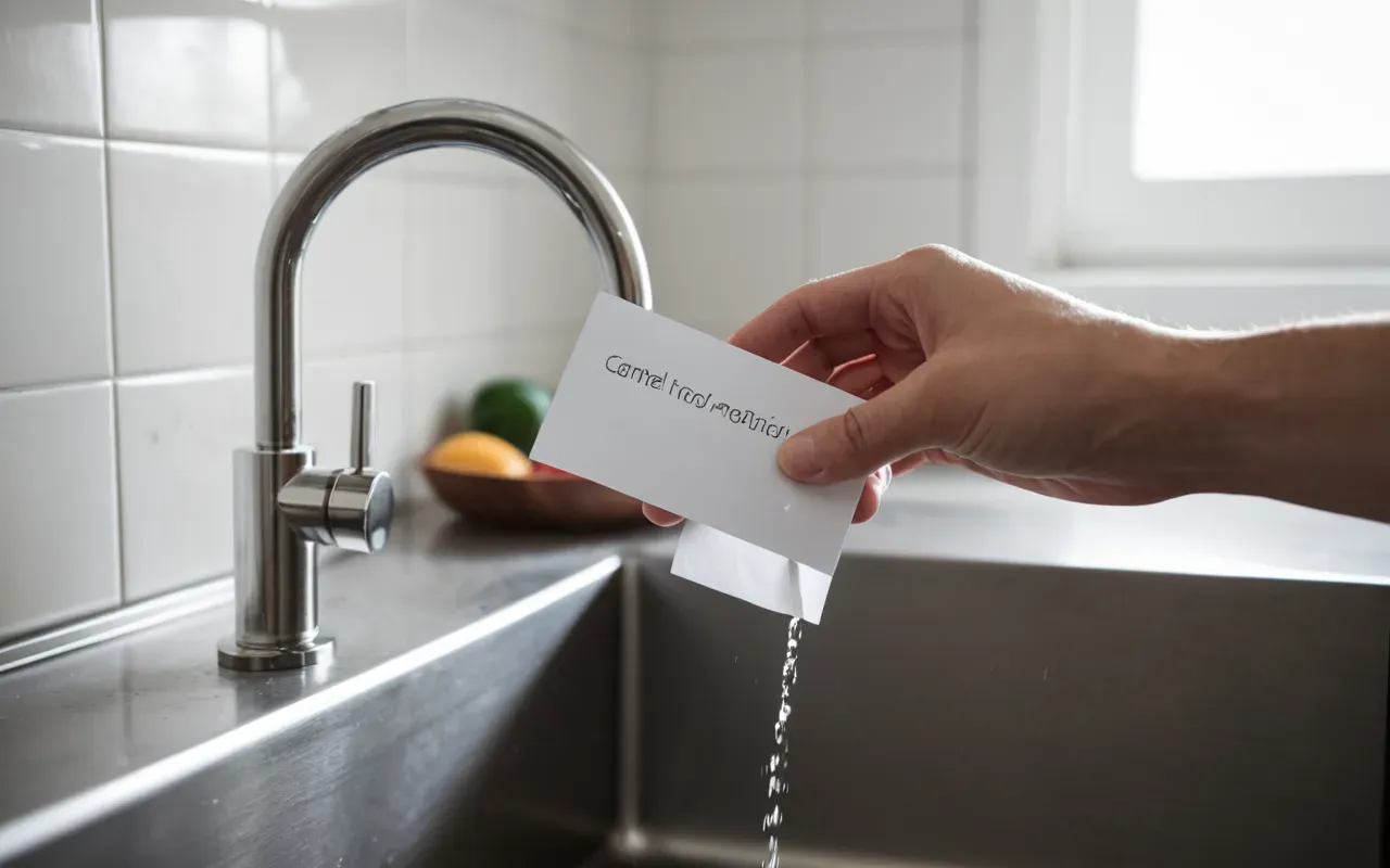 A person's hand holding a small piece of white paper against the base of a kitchen faucet to check for moisture, bright clean background with soft focus on the paper and metal joint.