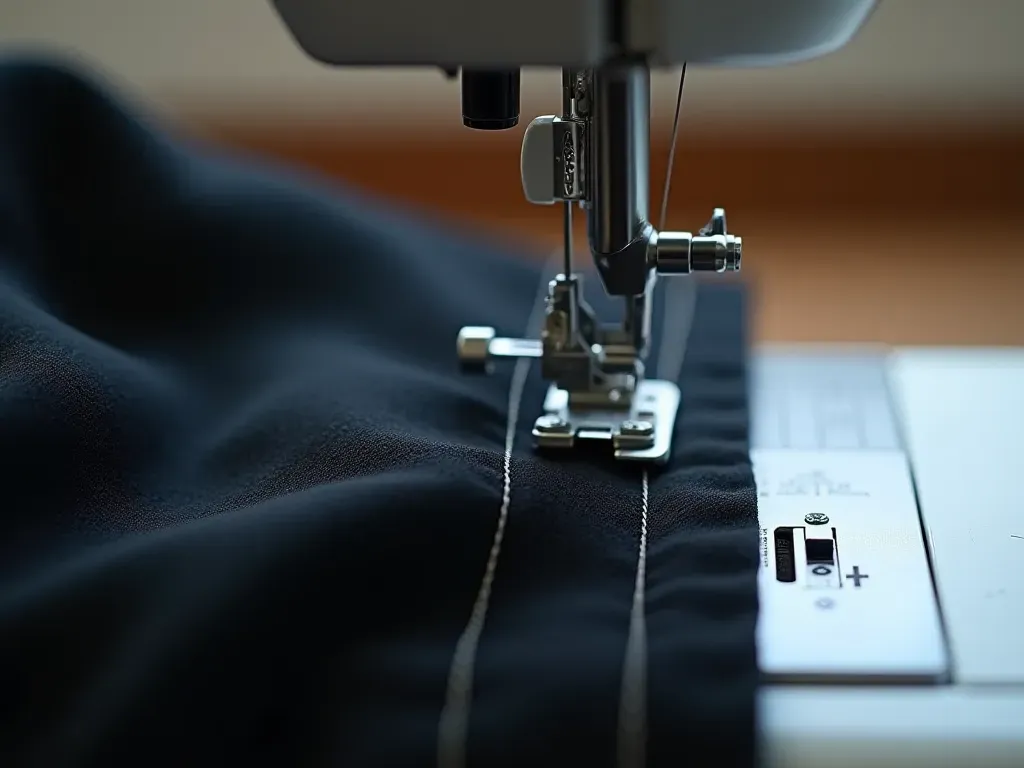 A photograph showing a sewing machine needle stitching the hem of black trousers with white thread. The fabric is folded neatly and held in place by small silver pins on a wooden table surface.