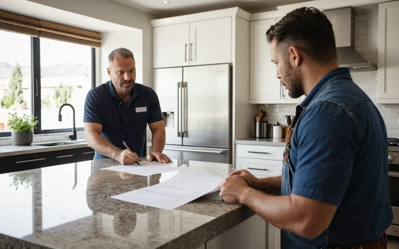 lista precios transparente fontanero A professional handyman showing a transparent price list document to a concerned homeowner inside a bright modern kitchen with clean countertops and natural daylight streaming through large windows.