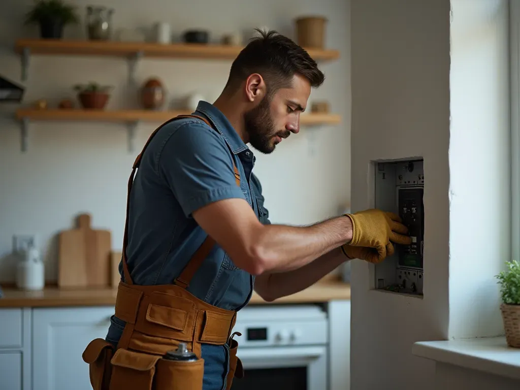 A professional handyman wearing a tool belt inspecting an electrical panel with focused expression in a well-lit modern kitchen. The image shows clean tools and safety gear emphasizing professionalism rather than emergency chaos.