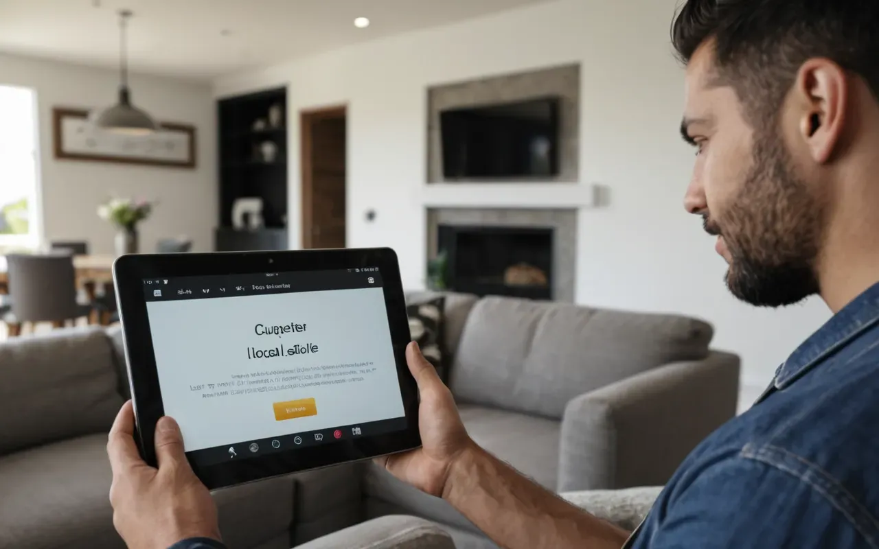 A professional technician showing a digital tablet with repair quotes to a homeowner in a modern living room, natural daylight, friendly interaction.