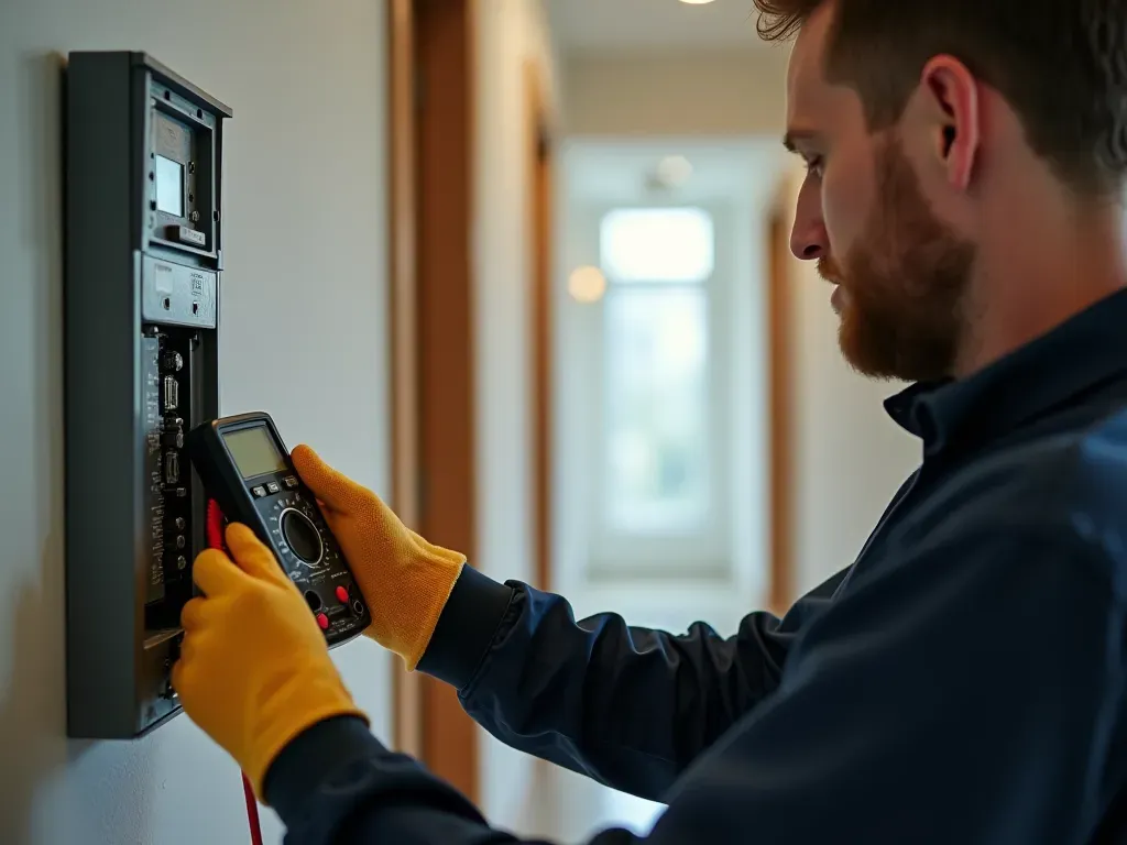 tecnico electrico profesional A professional technician wearing safety gloves examining an electrical panel with a digital multimeter. The setting is a modern residential hallway with neutral colored walls and clean lighting. Focus on the hands and tools showing technical precision. No text or logos visible.