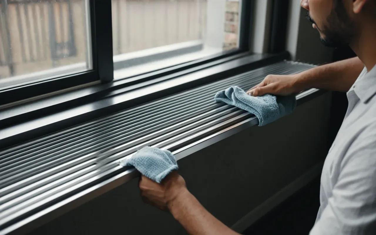 A realistic shot of a person cleaning the side rails of an aluminum window blind with a soft cloth. The scene shows careful attention to detail in a modern room with neutral colors and good lighting.