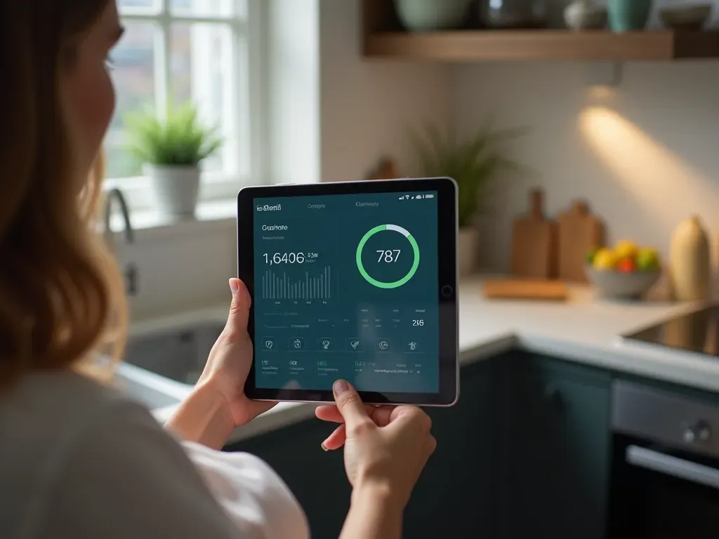A smart home control panel displaying real-time sensor data for water pressure and electricity usage on a tablet screen held by a homeowner in a modern kitchen setting. The background shows clean contemporary design emphasizing technology integration.