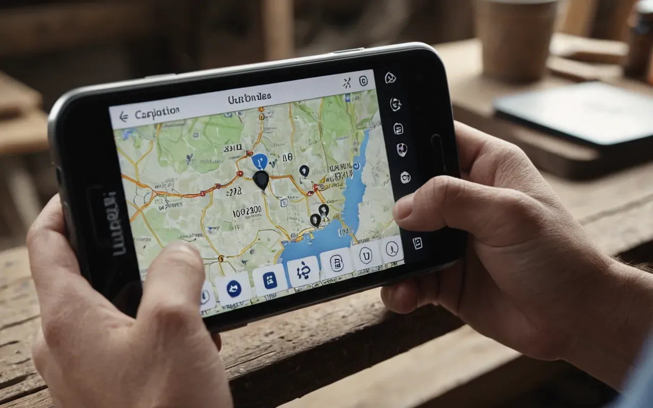 A smartphone screen showing a generic map interface with location pins, held by a hand above a wooden workbench covered in dust and small screws. The background is blurred but shows a workshop environment.