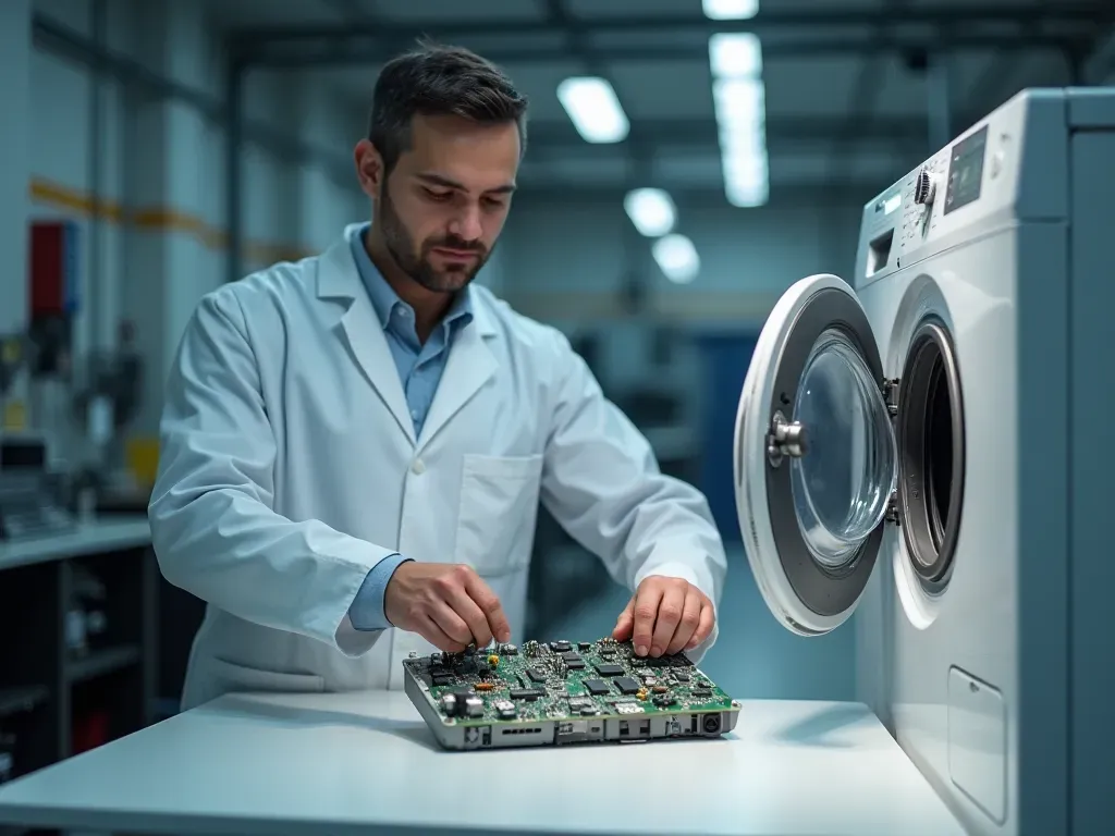 A technician in a workshop carefully placing small electronic components from an open washing machine on a clean white table with focused overhead lighting and organized tools.