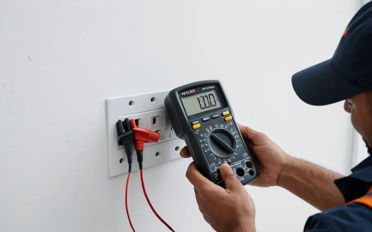 inspección eléctrica A technician in work overalls using a multimeter to test an electrical outlet on a white wall, bright clean lighting, shallow depth of field focusing on the tool and hands.