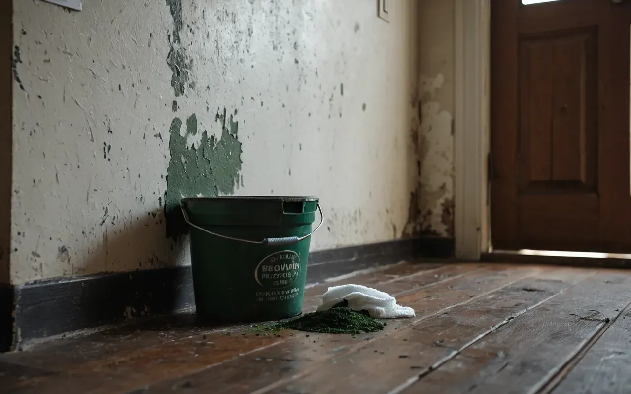 A wall corner with visible peeling paint and dark green mold spots spreading across the baseboard. A bucket of cleaning supplies sits nearby on a wooden floor in a dimly lit room.