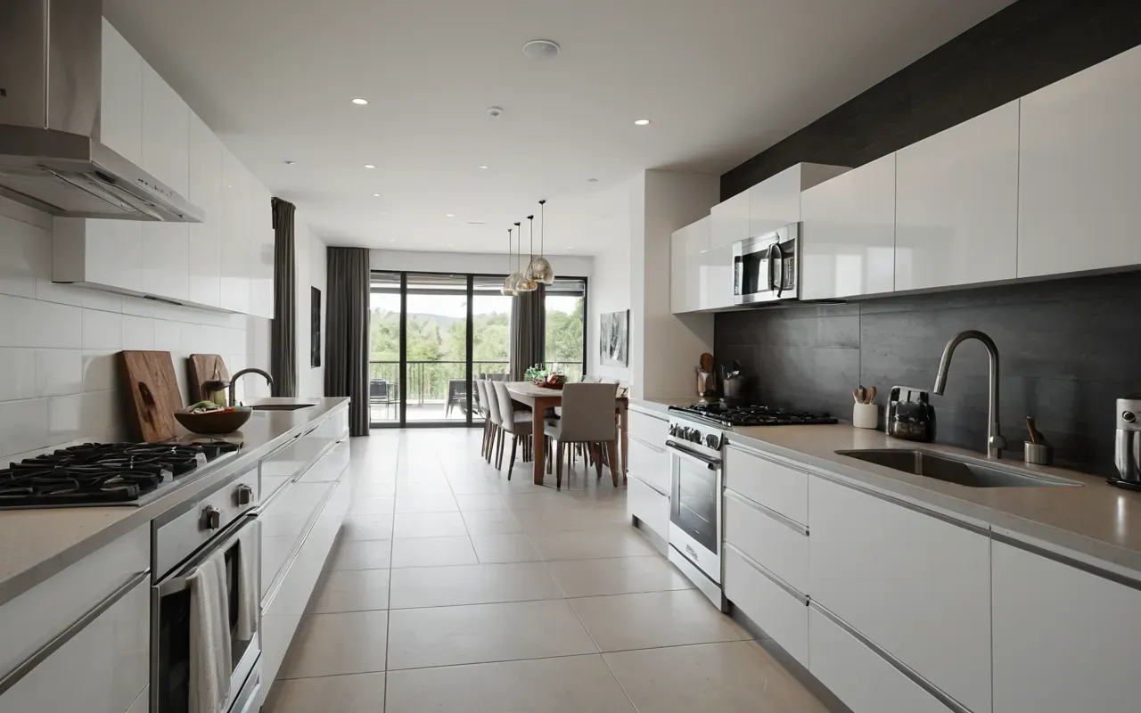 hogar profesional A well-lit modern kitchen with pristine white cabinets and stainless steel appliances reflecting a sense of order and professional maintenance quality.