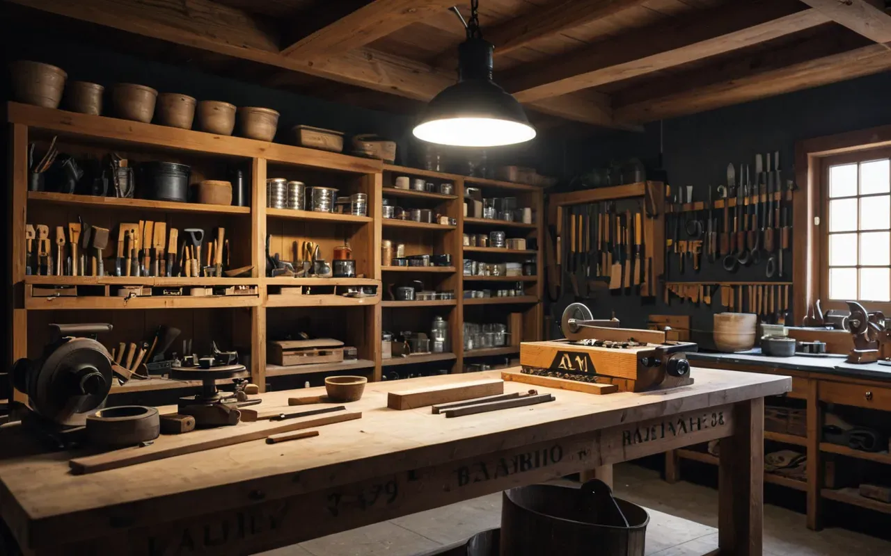 A well-organized workshop bench with various woodworking tools neatly arranged next to a partially assembled wooden shelf, under bright and even lighting.