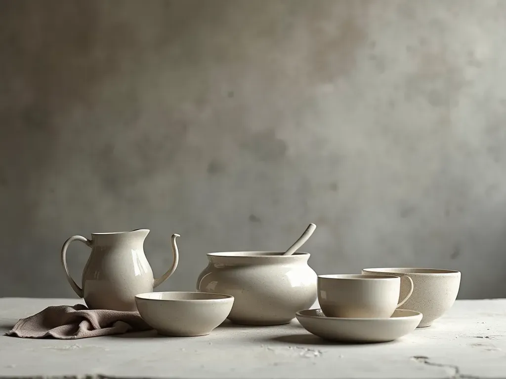 mantenimiento vivienda barcelona Clean editorial still life of ceramic dishware on a concrete surface, diffused soft light, monochrome neutral tones, realistic photography style