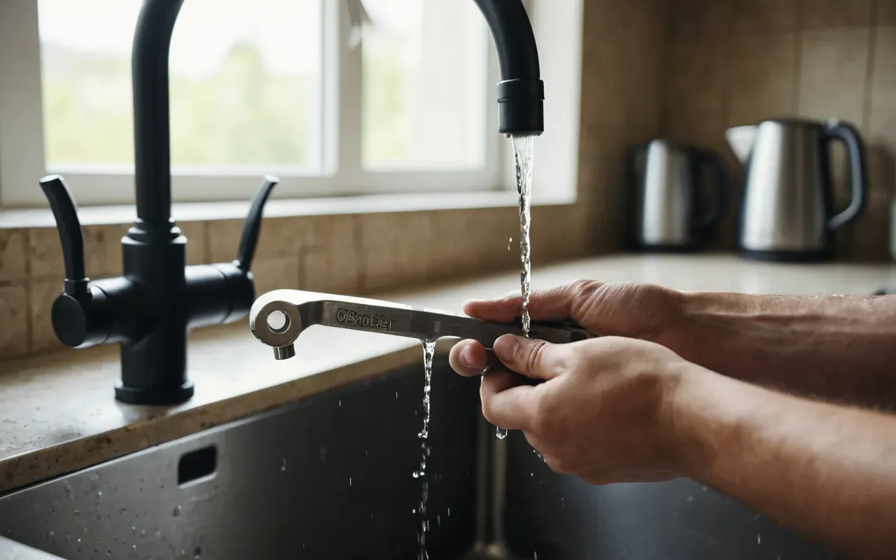 Close-up editorial shot of a person holding a wrench fixing a leaky kitchen faucet under bright natural light with blurred modern background