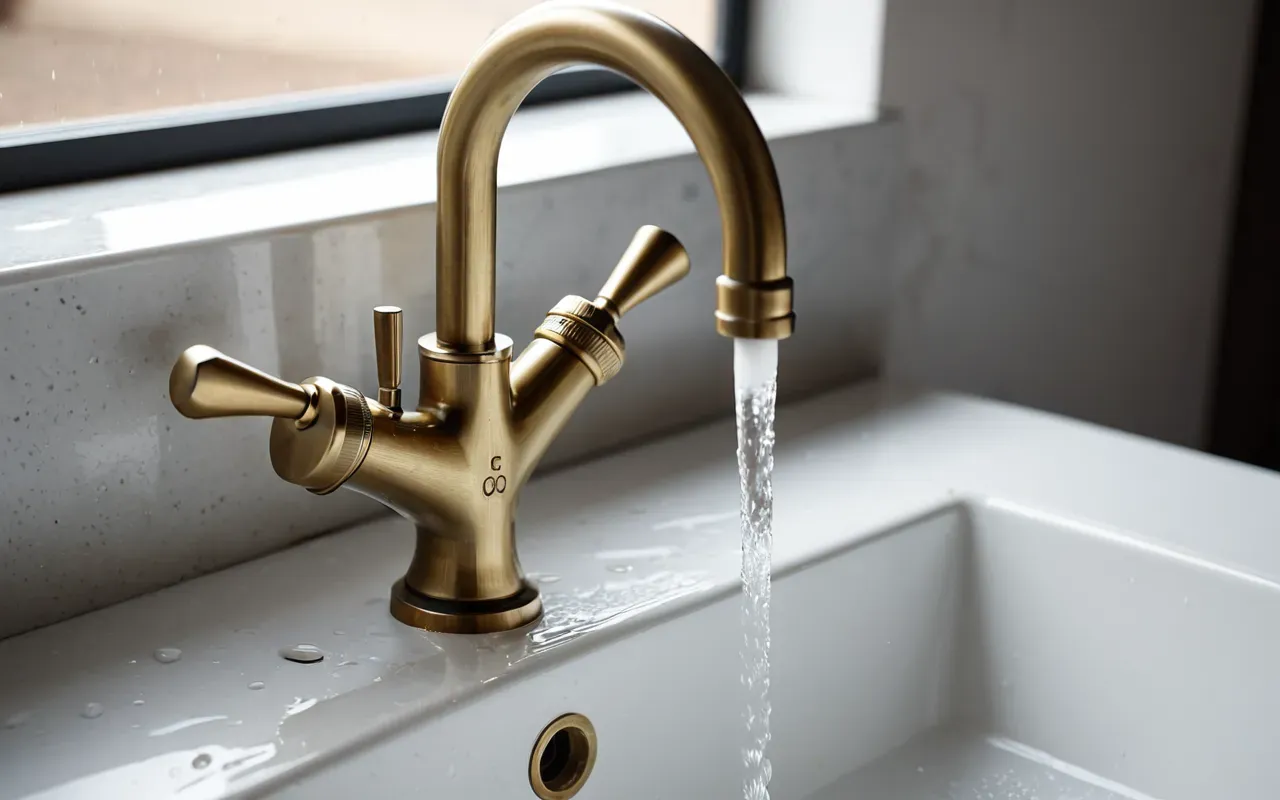 Close-up of a brass faucet with visible water droplets on a white ceramic sink surface, natural daylight highlighting the metal texture and water clarity, professional photography style.