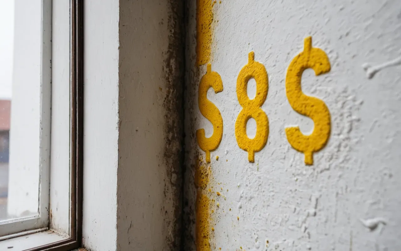 daños por humedad Close-up of a damp wall corner with yellow mold stains on white plaster, soft natural daylight from an open window, realistic editorial photography style showing signs of water damage in a modern living room interior.