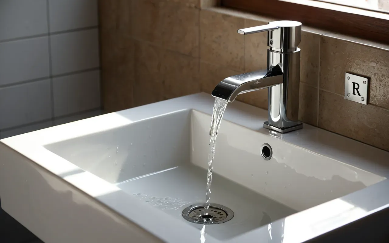 Close up of a modern bathroom sink with a slow water leak under the ceramic basin, bright natural light reflecting on wet tiles