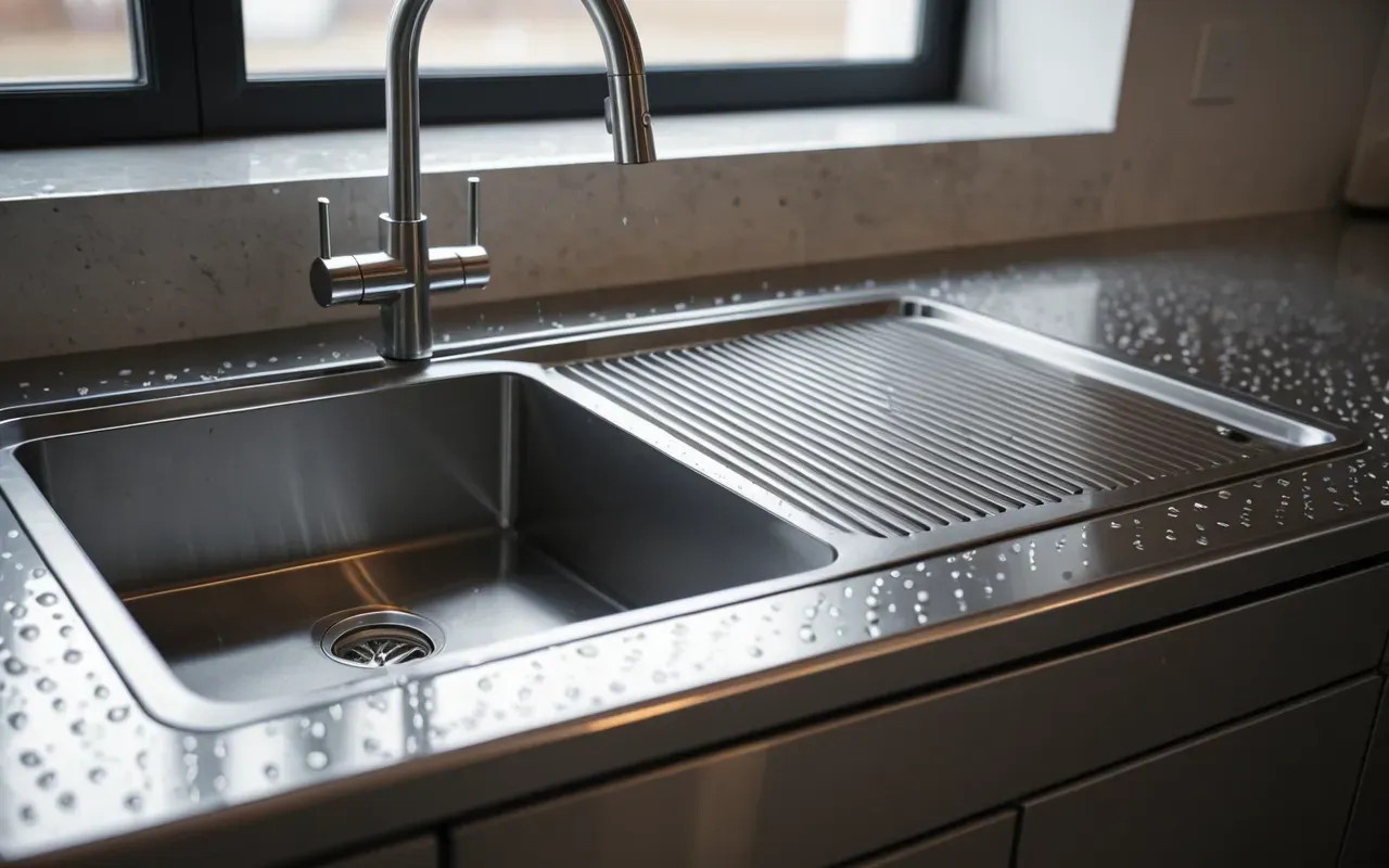 fontanería casera Close-up of a modern kitchen sink with visible water droplets on the stainless steel surface, soft natural lighting from a window, clean contemporary aesthetic, editorial photography style without any text or labels