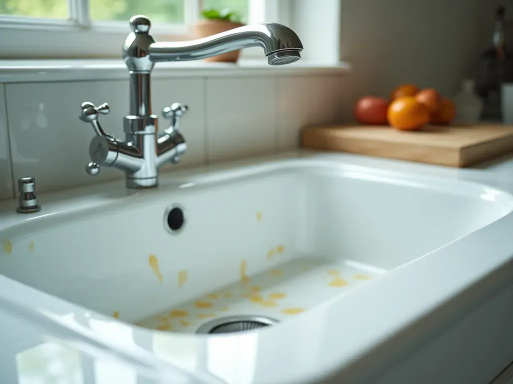 Close-up of a modern kitchen sink with chrome fixtures showing slight water stains on the porcelain surface under bright overhead lighting.