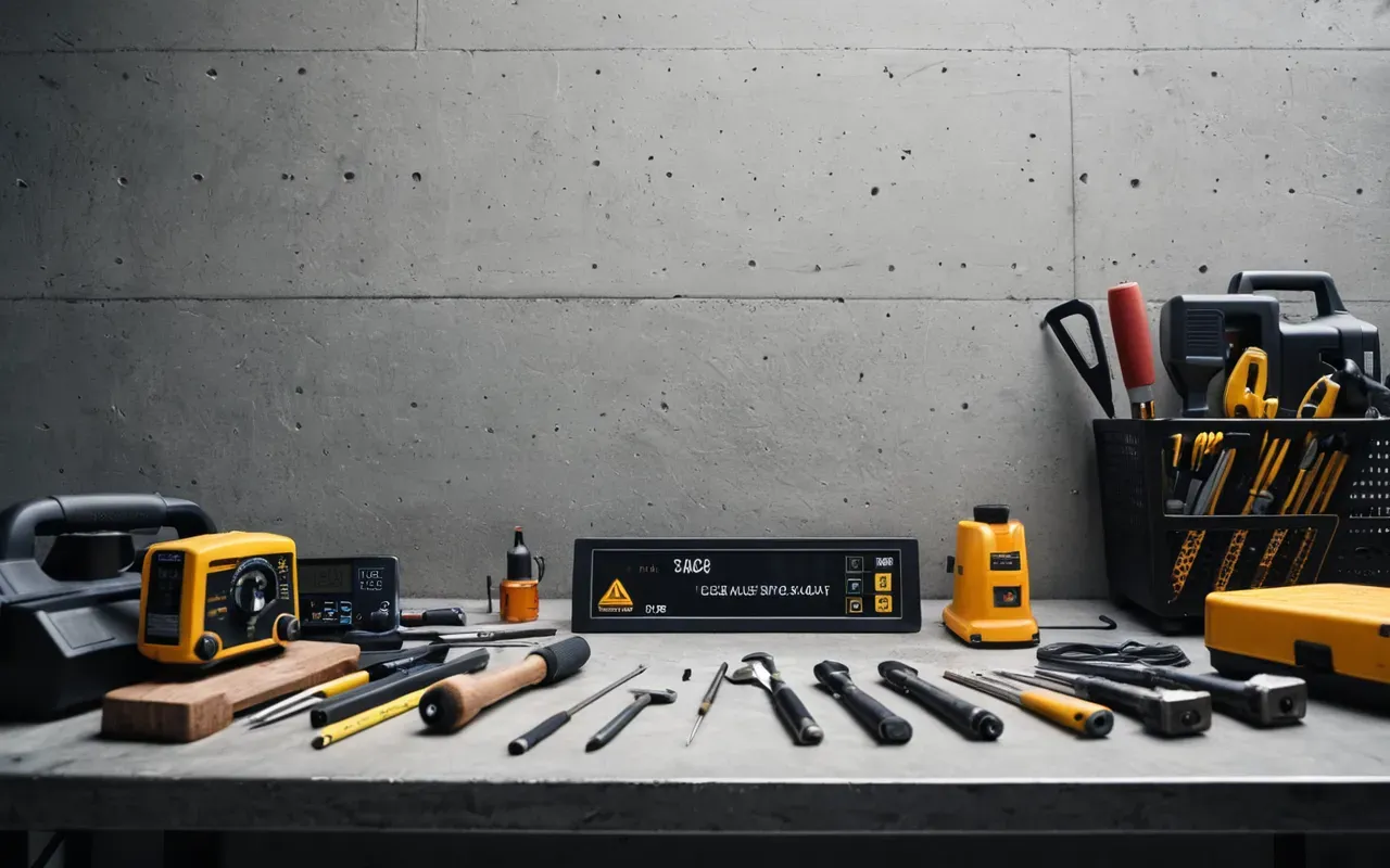 herramientas hogar Close-up of a modern workbench with neatly organized power tools and hand instruments on a clean concrete surface, soft diffused studio lighting, minimalist industrial aesthetic without any visible labels or text markings