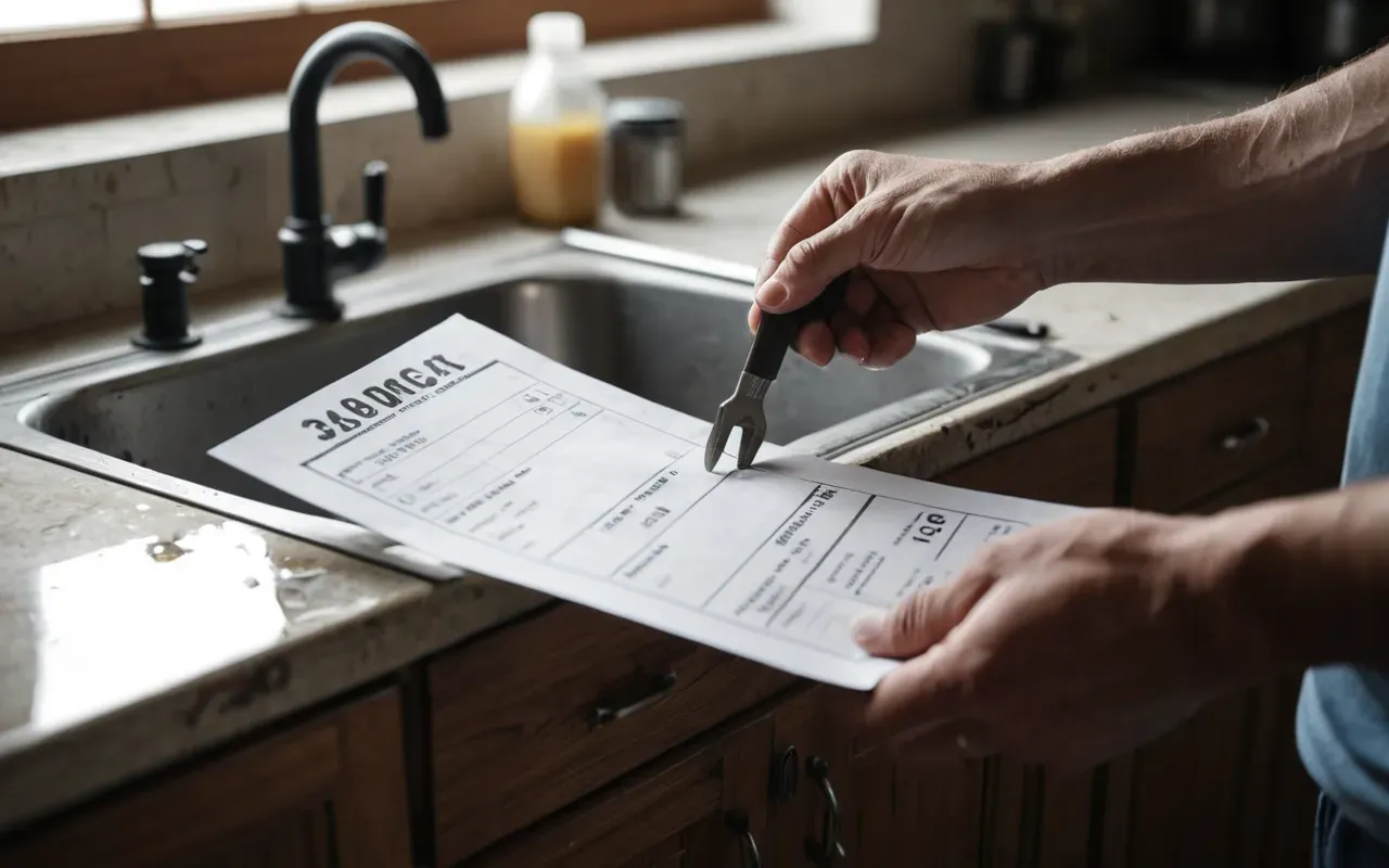 Close-up of a pair of hands holding a worn-out wrench and a crumpled paper receipt near an open kitchen sink with visible water damage on the lower cabinet doors. Soft natural light from a nearby window highlights the texture of rust on the metal tool.