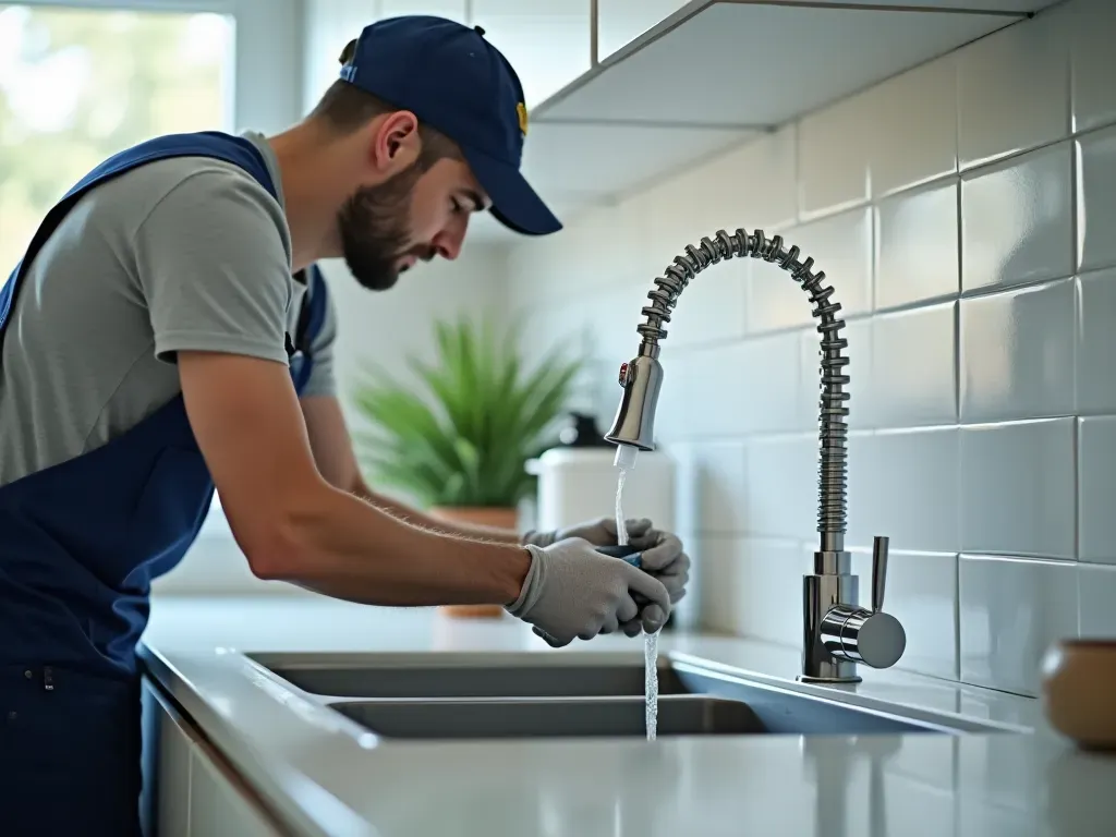 Close-up of a professional plumber working on a modern kitchen sink with chrome tools and clean white tiles in soft daylight