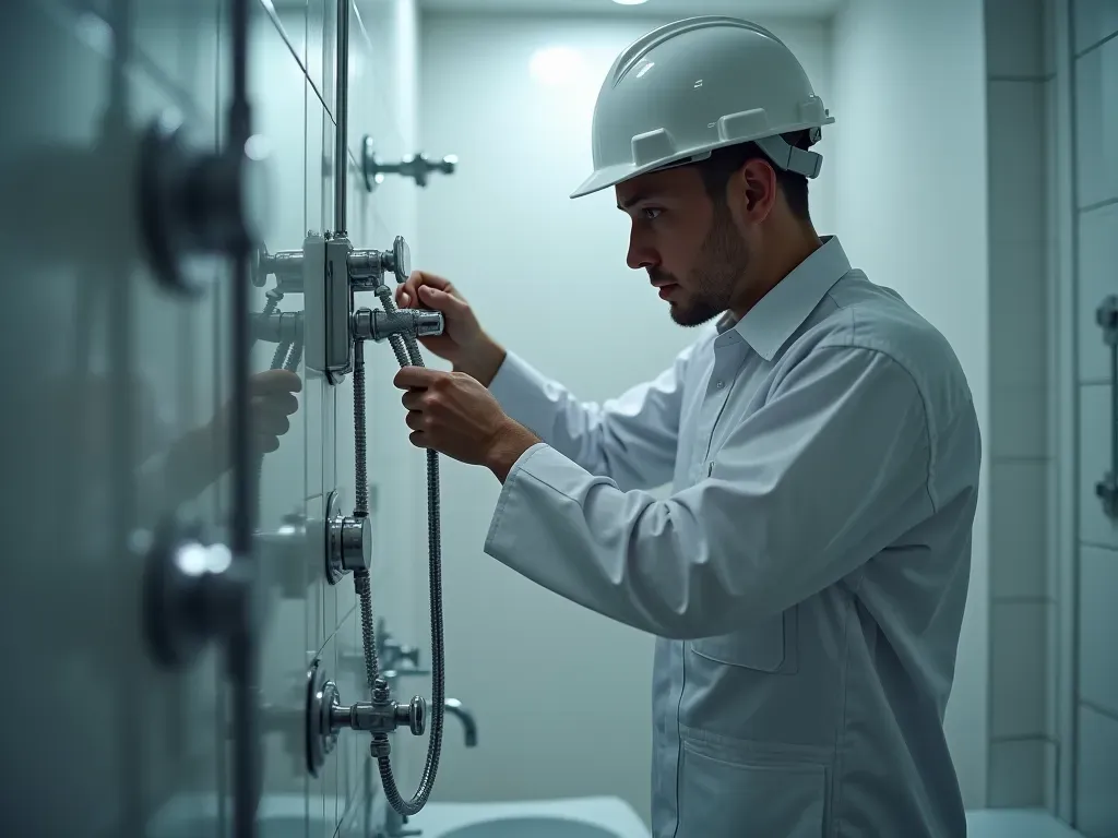 fontanería barcelona Close-up of a professional technician inspecting modern plumbing fixtures in a clean bathroom, soft diffused lighting, realistic photography style
