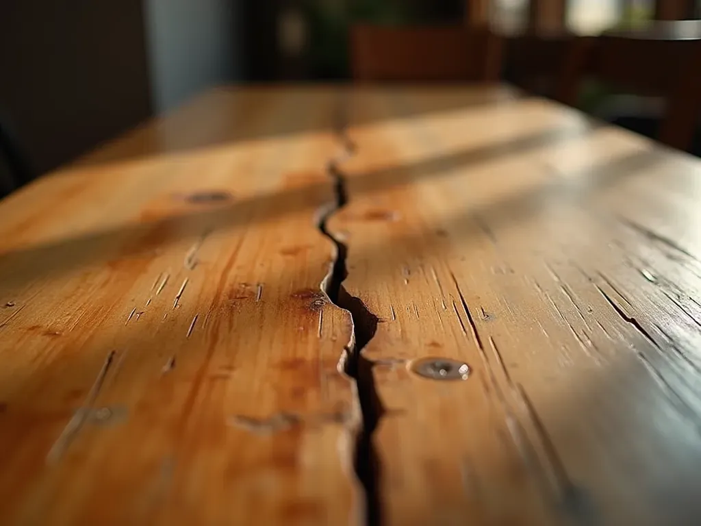 Close-up of a wooden dining table with visible warping and cracks in the surface showing signs of humidity damage under warm indoor lighting.