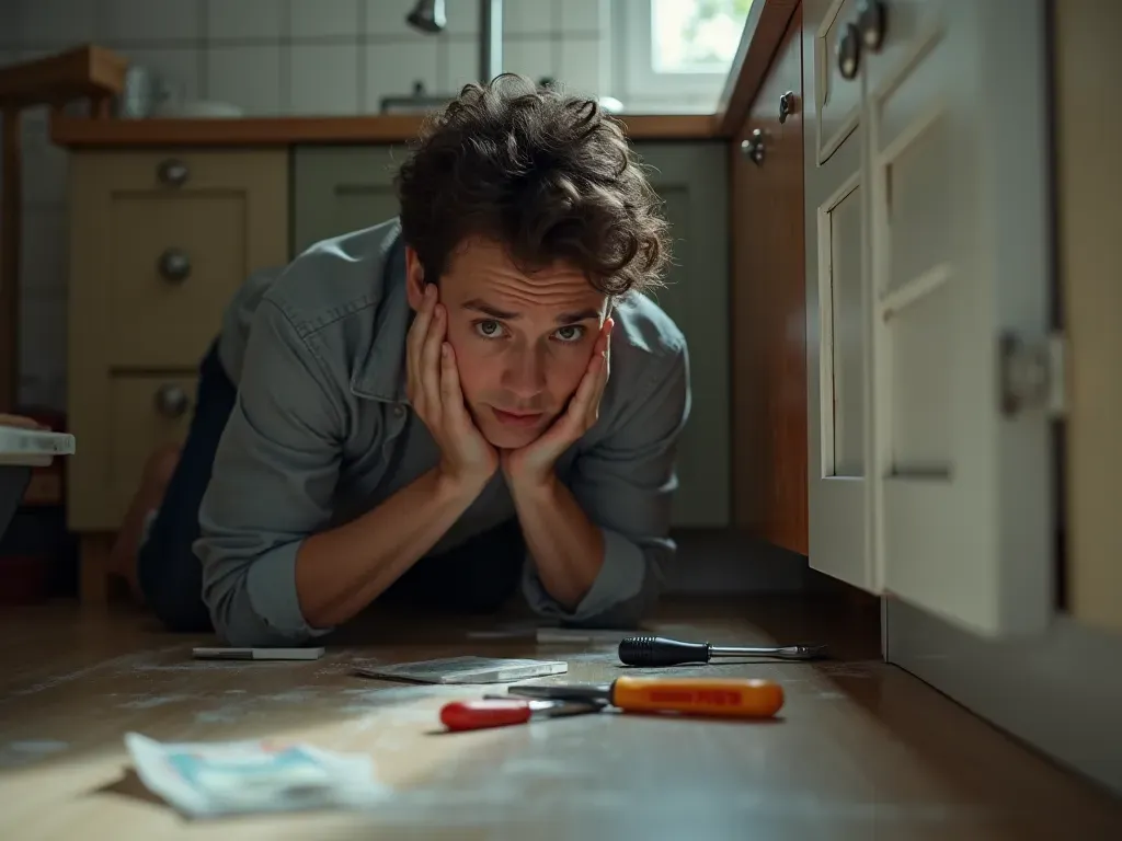 Close-up photo of a person looking worried while inspecting water damage under a kitchen sink with tools scattered around on the floor.