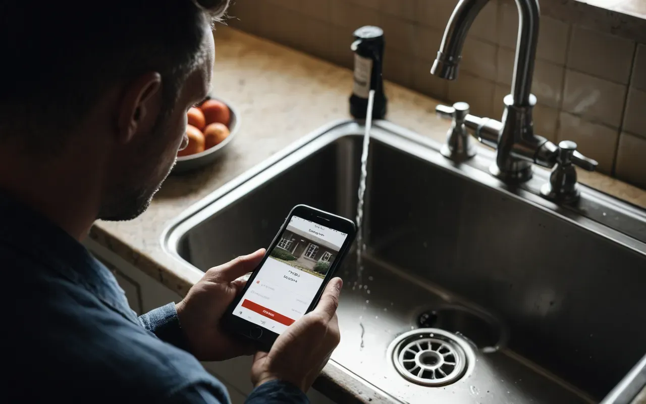 Close-up photo of a worried homeowner holding a smartphone and looking at a leaking kitchen pipe under the sink, dramatic lighting emphasizing stress.