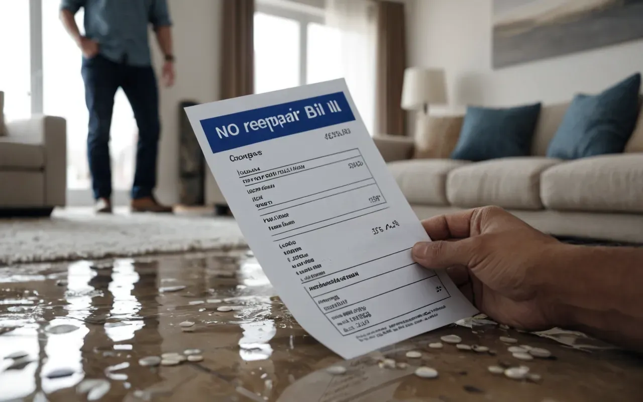 facturas sorpresa reparaciones Close up shot of a worried homeowner holding an expensive repair bill in their hand while looking at water damage on the floor inside a modern living room with neutral colors and soft natural lighting.