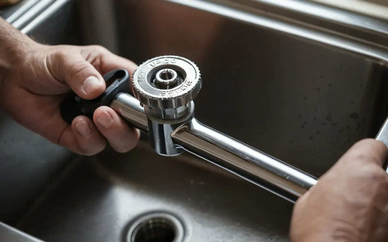 Close-up shot of hands holding a high-quality chrome adjustable wrench tightening a pipe fitting under a kitchen sink, shallow depth of field highlighting metal texture and water droplets on pipes