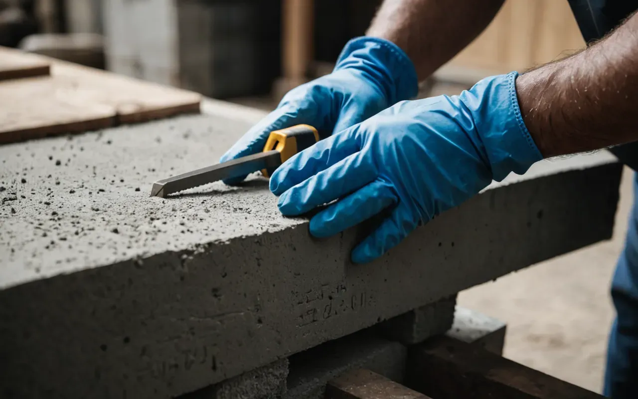 herramientas seguridad Close up shot of hands wearing protective gloves handling concrete blocks with a level tool nearby on a workshop table emphasizing safety and precision.