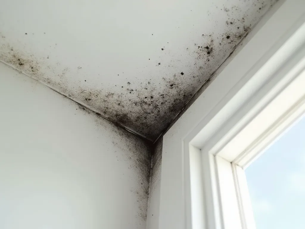 Detailed view of black mold growing on white bathroom ceiling corner near ventilation fan in residential setting.