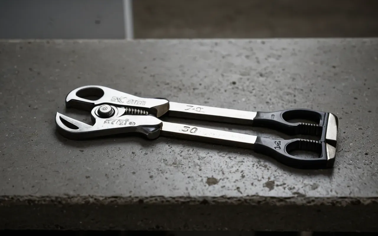 Editorial still life of a modern adjustable wrench and pliers on a clean concrete workbench with soft diffused lighting