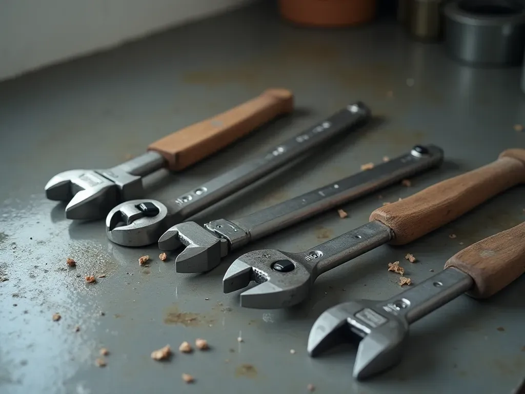 Editorial still life of a set of high-quality metal hand tools arranged neatly on a clean concrete surface with soft diffused lighting