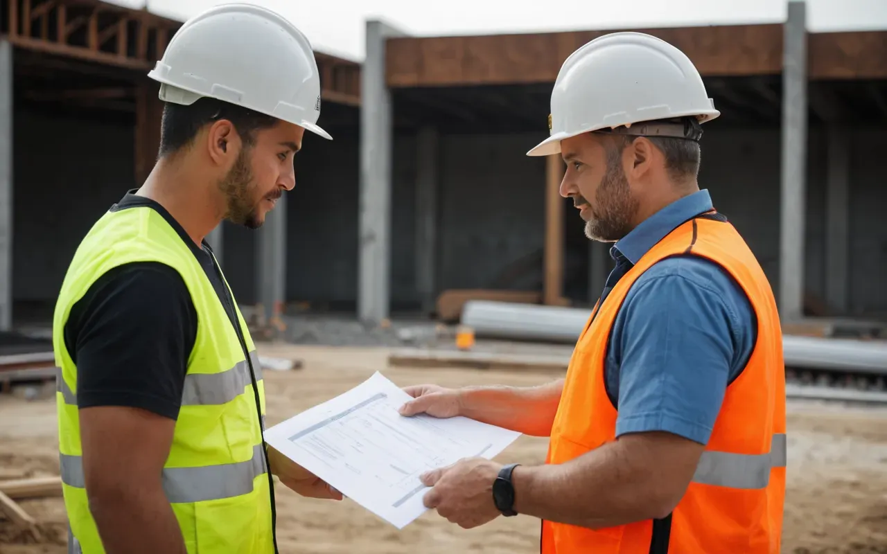 Handshake between homeowner and professional contractor wearing safety vest holding blueprint document in modern construction site setting