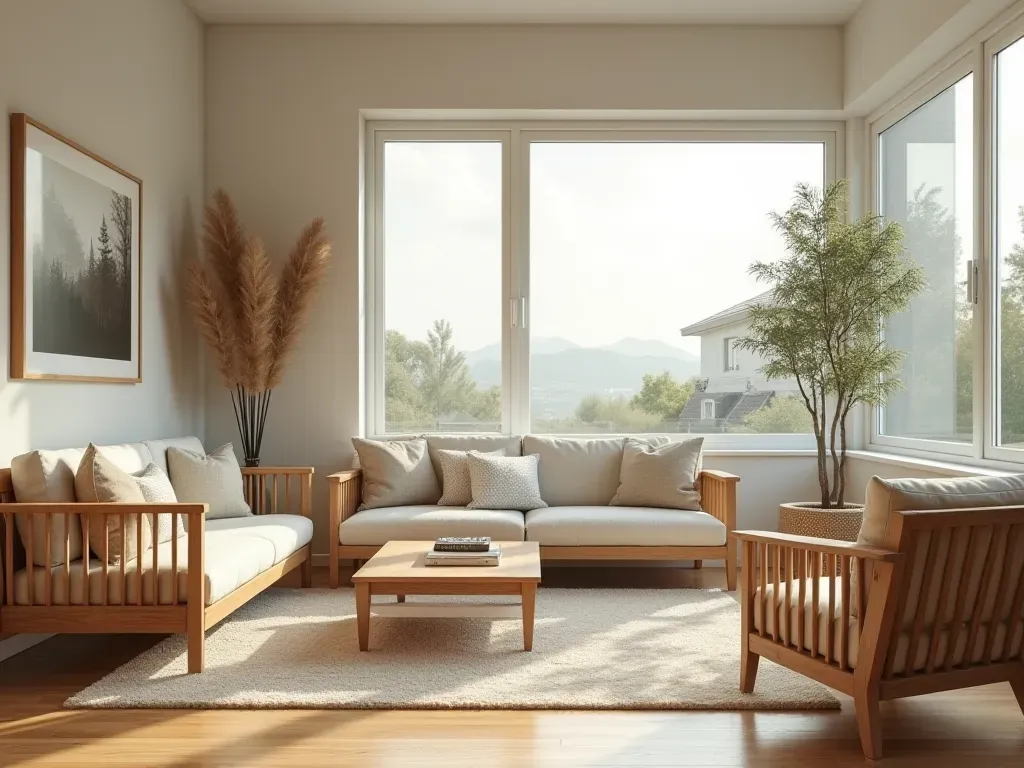 mantenimiento vivienda barcelona Interior of a modern living room with natural wooden furniture, large windows letting in soft daylight, clean minimalist composition, realistic photography