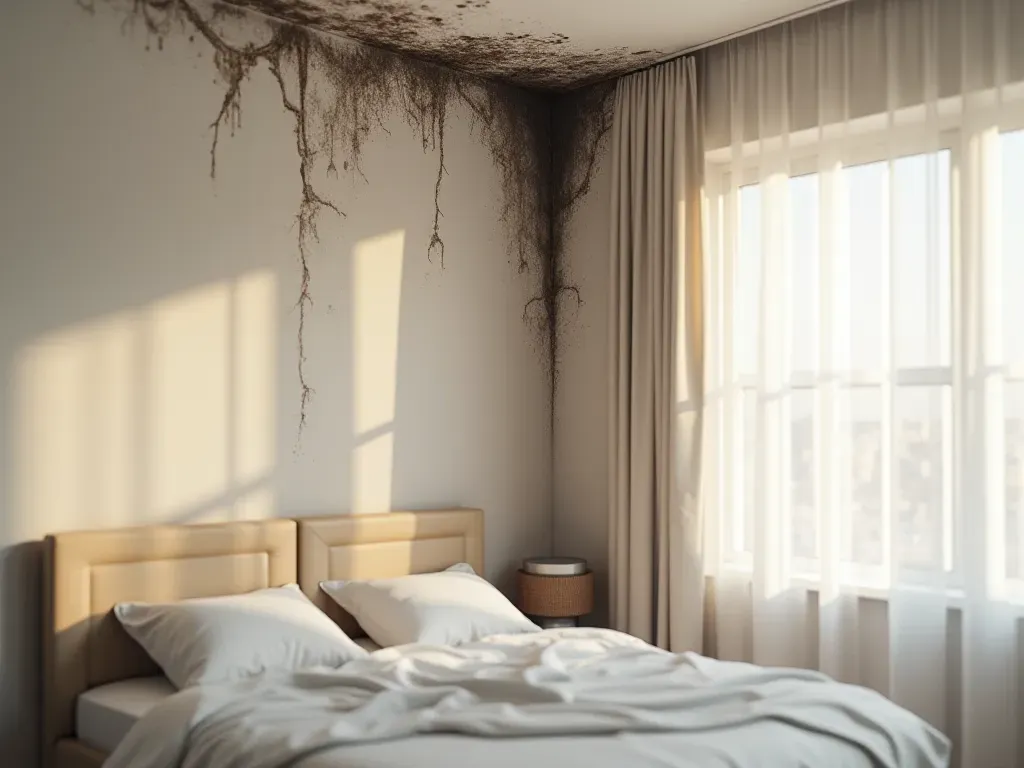 Interior shot of a modern bedroom wall showing dark mold spots in the upper corner near the ceiling under soft natural light.