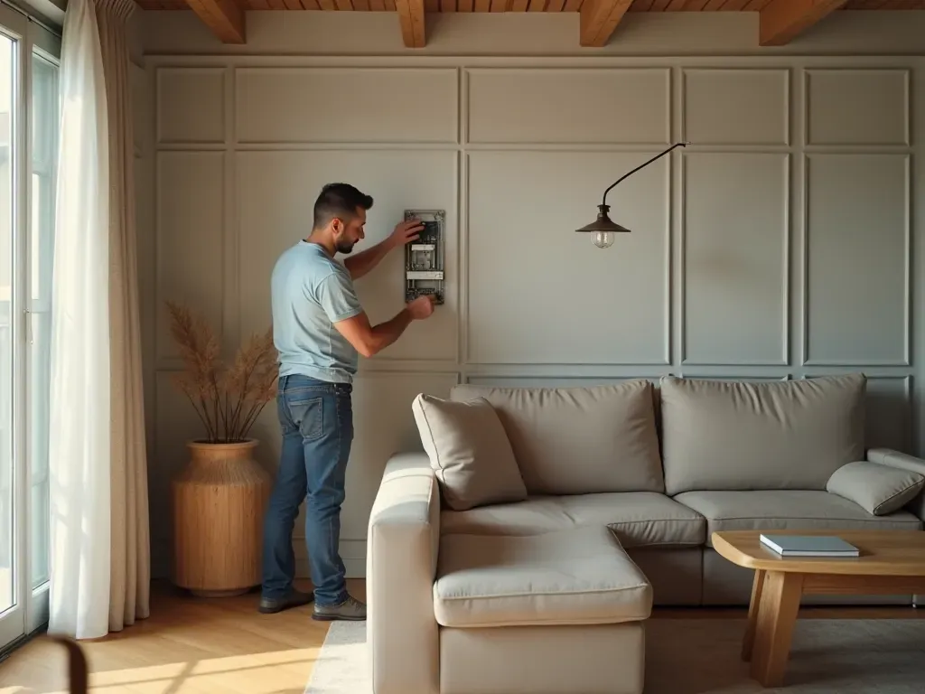 Interior shot of a modern living room with clean lines and natural wood furniture where a professional is inspecting an electrical panel