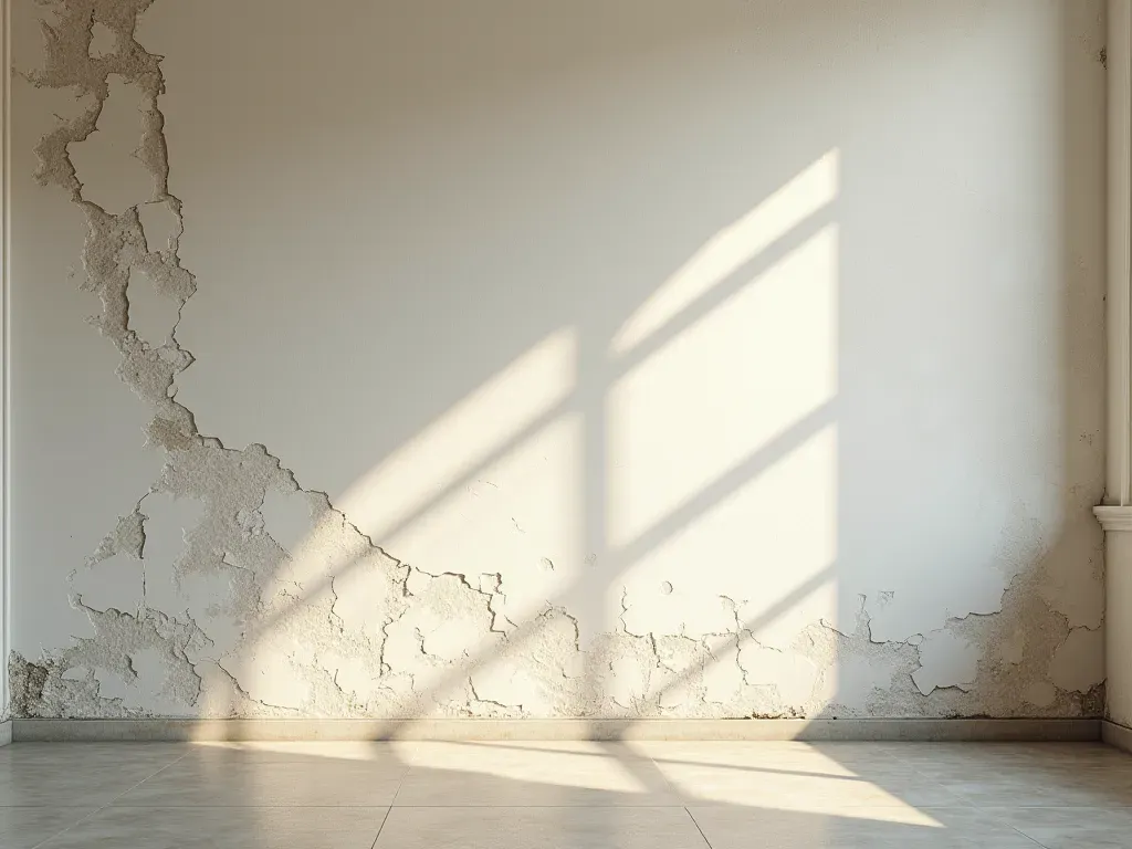 Interior wall surface with large patches of peeling paint revealing plaster underneath under soft diffused indoor lighting.