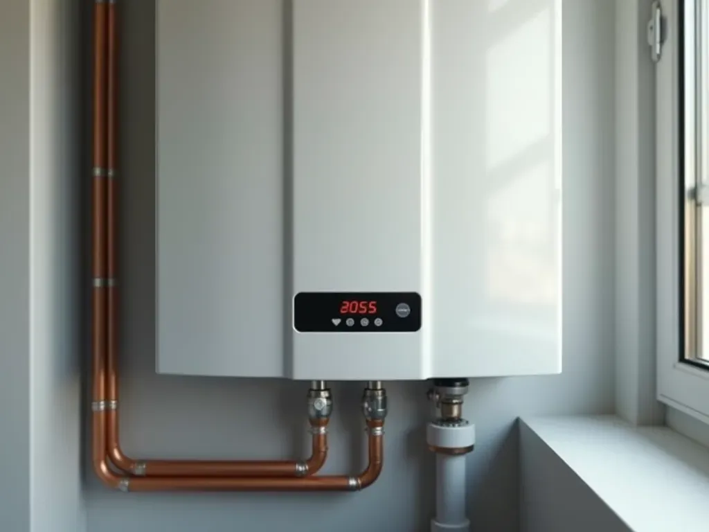 Modern wall-mounted gas boiler unit with digital display panel and connected copper pipes in a clean utility space.