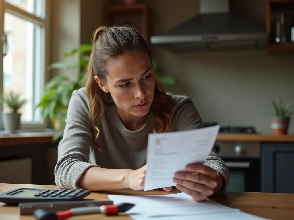 Person holding calculator and repair bill looking concerned at kitchen table with scattered tools nearby.